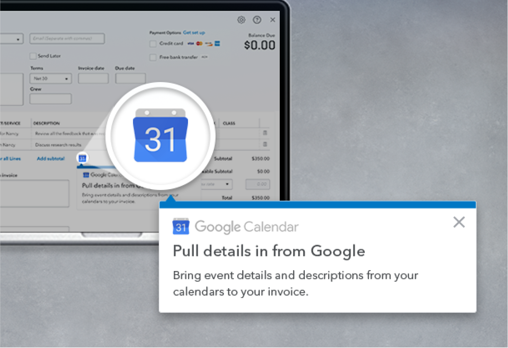 Pulling event details from Google Calendar into QuickBooks invoice.