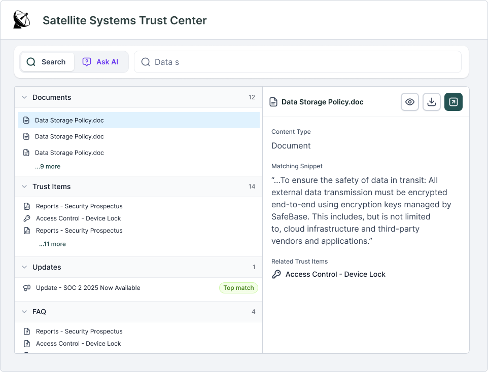 SafeBase Trust Center showing Search and Ask AI tabs with results grouped by Documents, Trust Items, Updates, and FAQ.