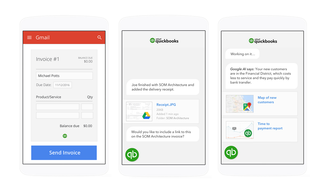 QuickBooks agent suggesting actions based on Google data.