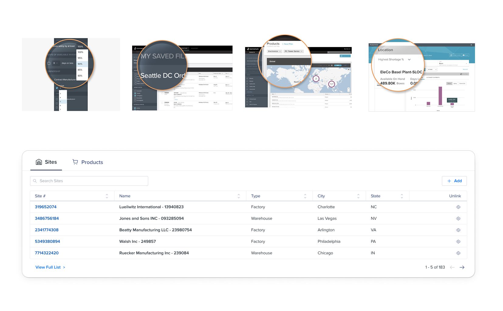 Snapshot of 5 feature screenshots in a supply chain context.