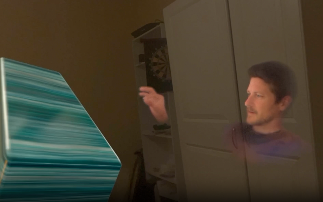 Augmented-reality blocks floating in a spatial game.
