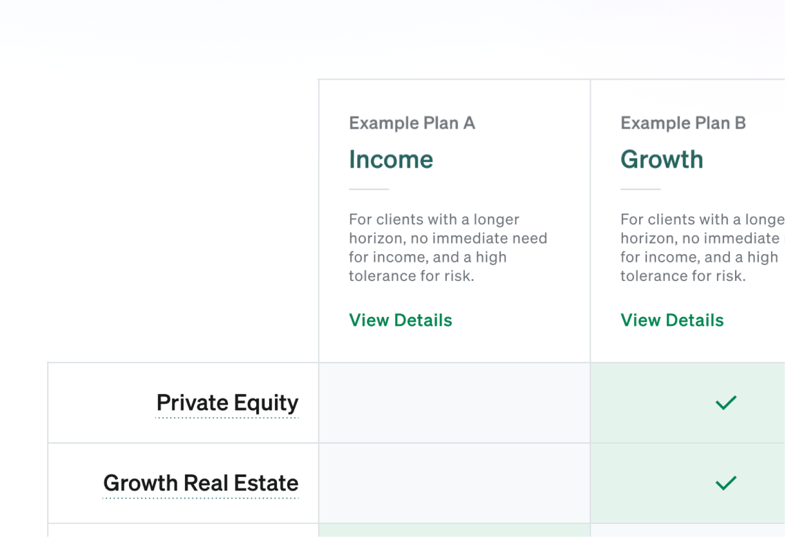 Advisor portfolio comparison with example income and growth plans.