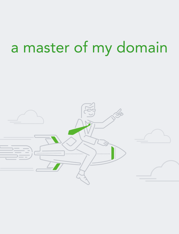 Illustration of a man riding a rocket and smiling. Above it reads "a master of my domain."