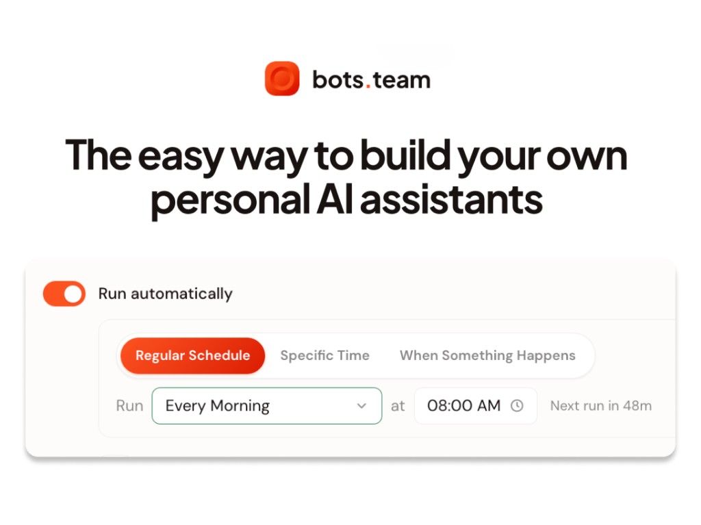 bots.team promotional graphic with headline and a scheduling UI showing Run automatically and Regular Schedule settings.