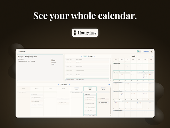Screenshot of Hourglass calendar where month, day, and week view are all visible.