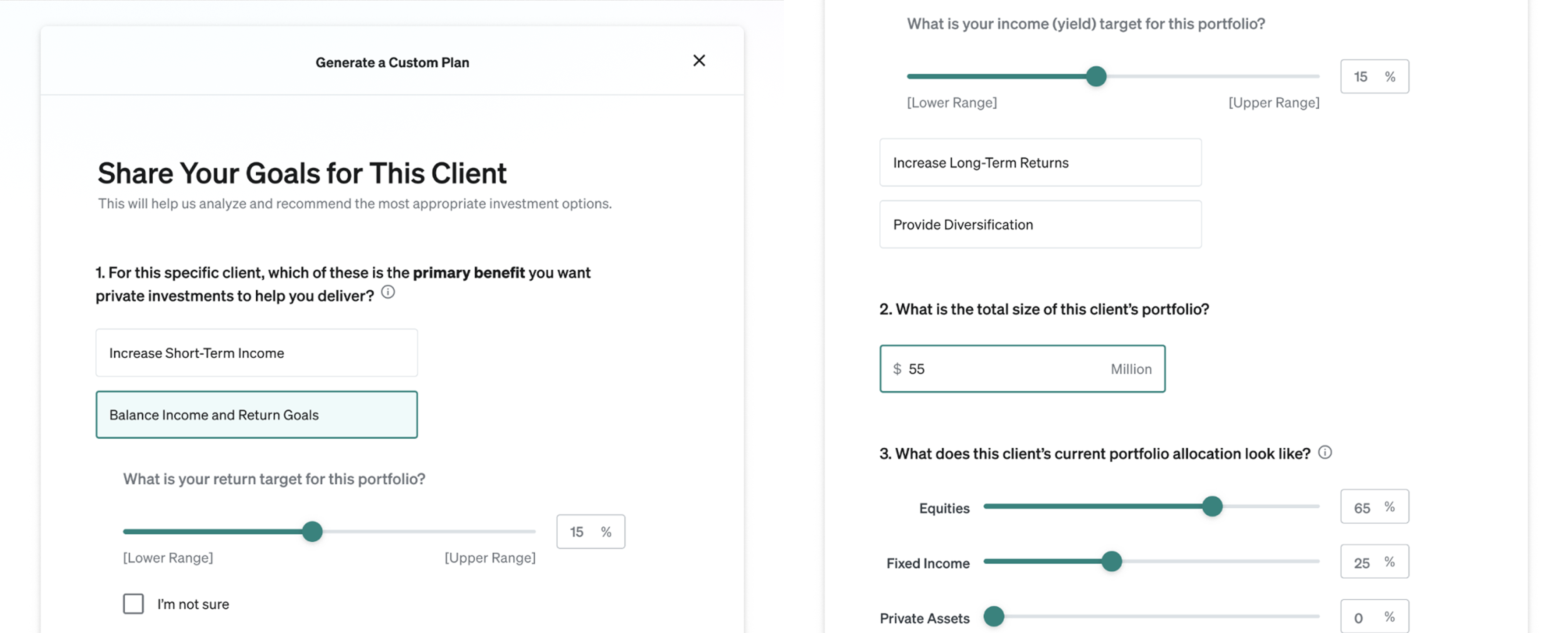 Customization form showing multi-step input fields for client goals, risk tolerance, and current holdings.