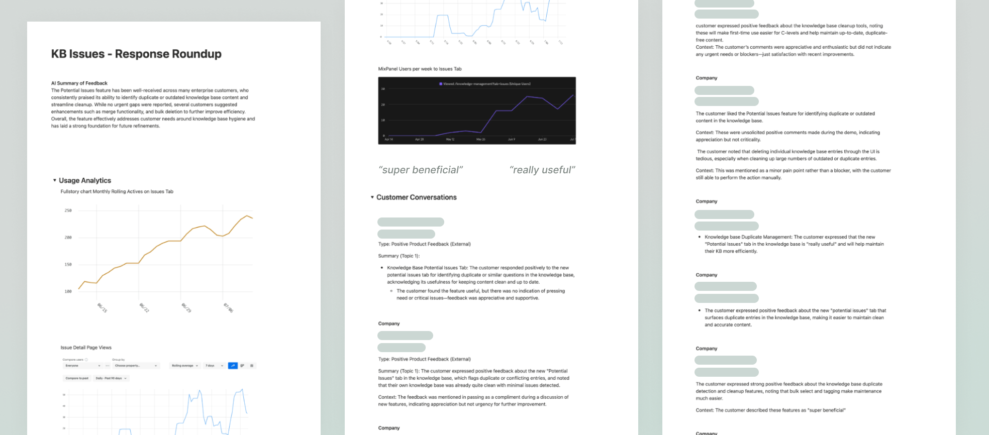 Analytics and customer feedback highlights showing trending usage and unsolicited praise following the knowledge integrity tool launch.