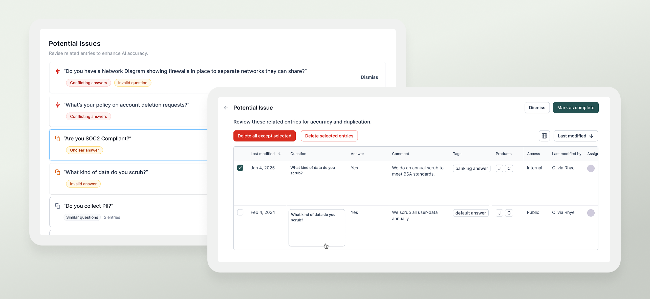 Knowledge base integrity tool showing grouped similar Q&A entries with severity-ordered cards for inline review and editing.