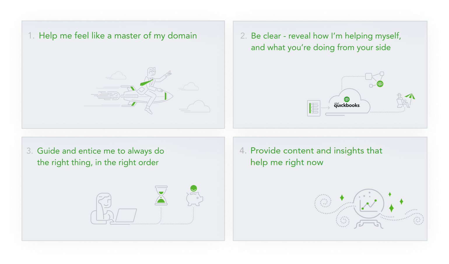 Design principles document and workshop outputs used to guide UI and content decisions for the data connections area of QuickBooks.