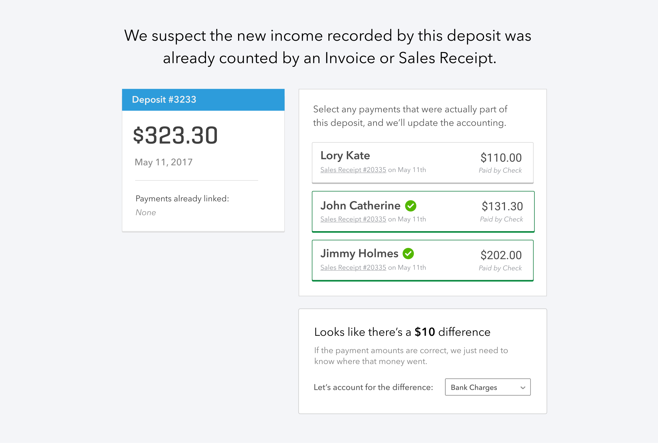 SmartCheck tool showing a focused one-transaction-at-a-time interface for resolving duplicate and incomplete records at tax time.