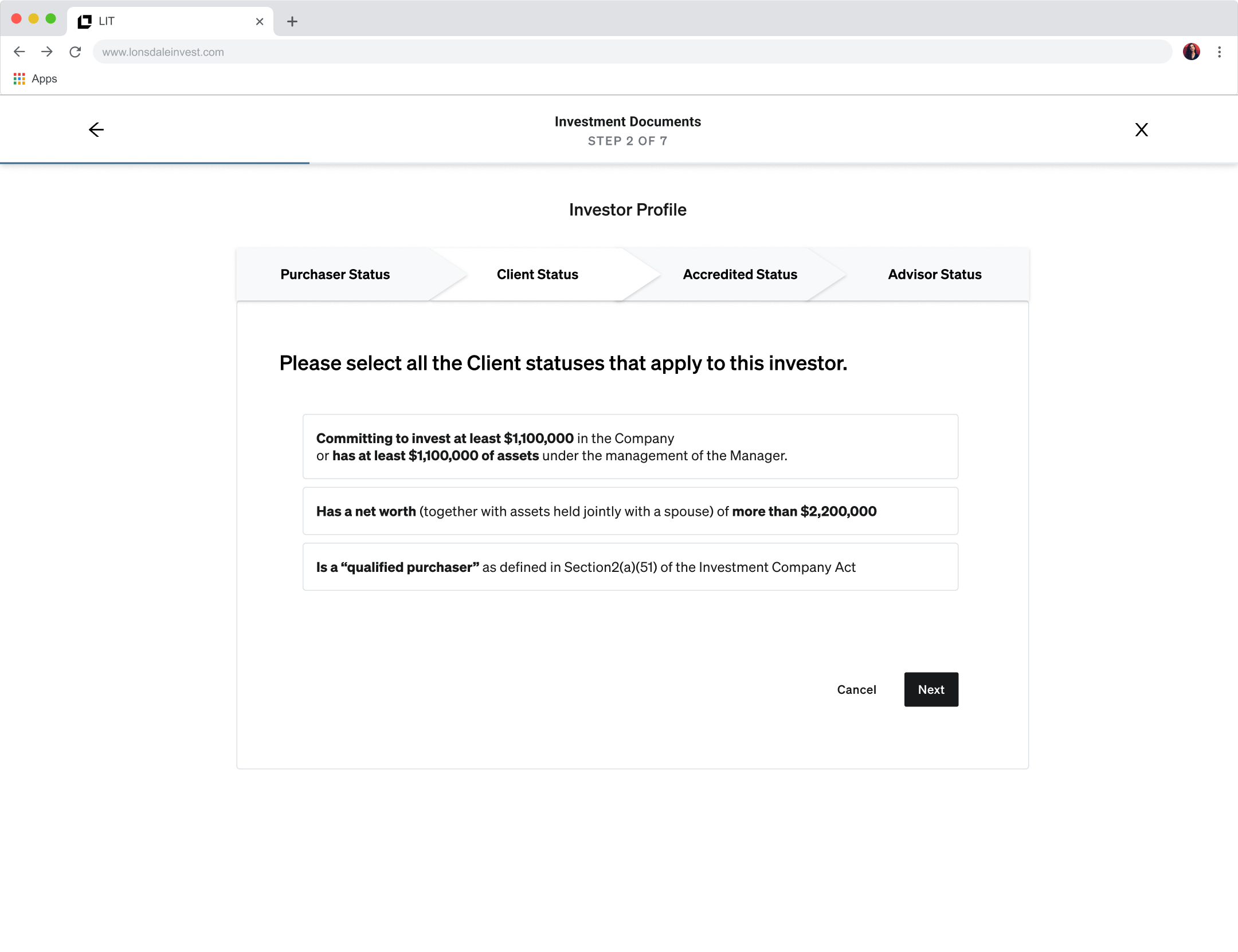 Investment Documents step showing Investor Profile with four sub-tabs for Purchaser Status, Client Status, Accredited Status, and Advisor Status, each presenting accreditation options as clear selectable cards.