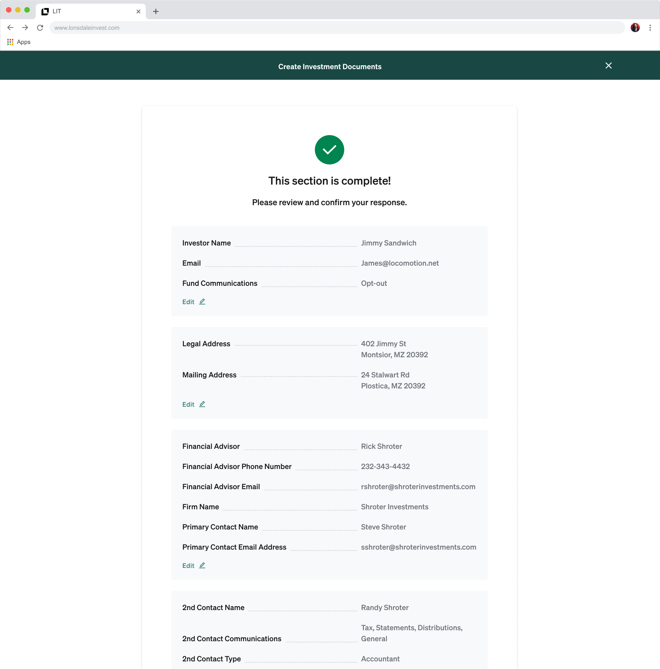 Section review screen showing a green checkmark, a 'This section is complete' confirmation, and a full summary of entered data with inline edit links.